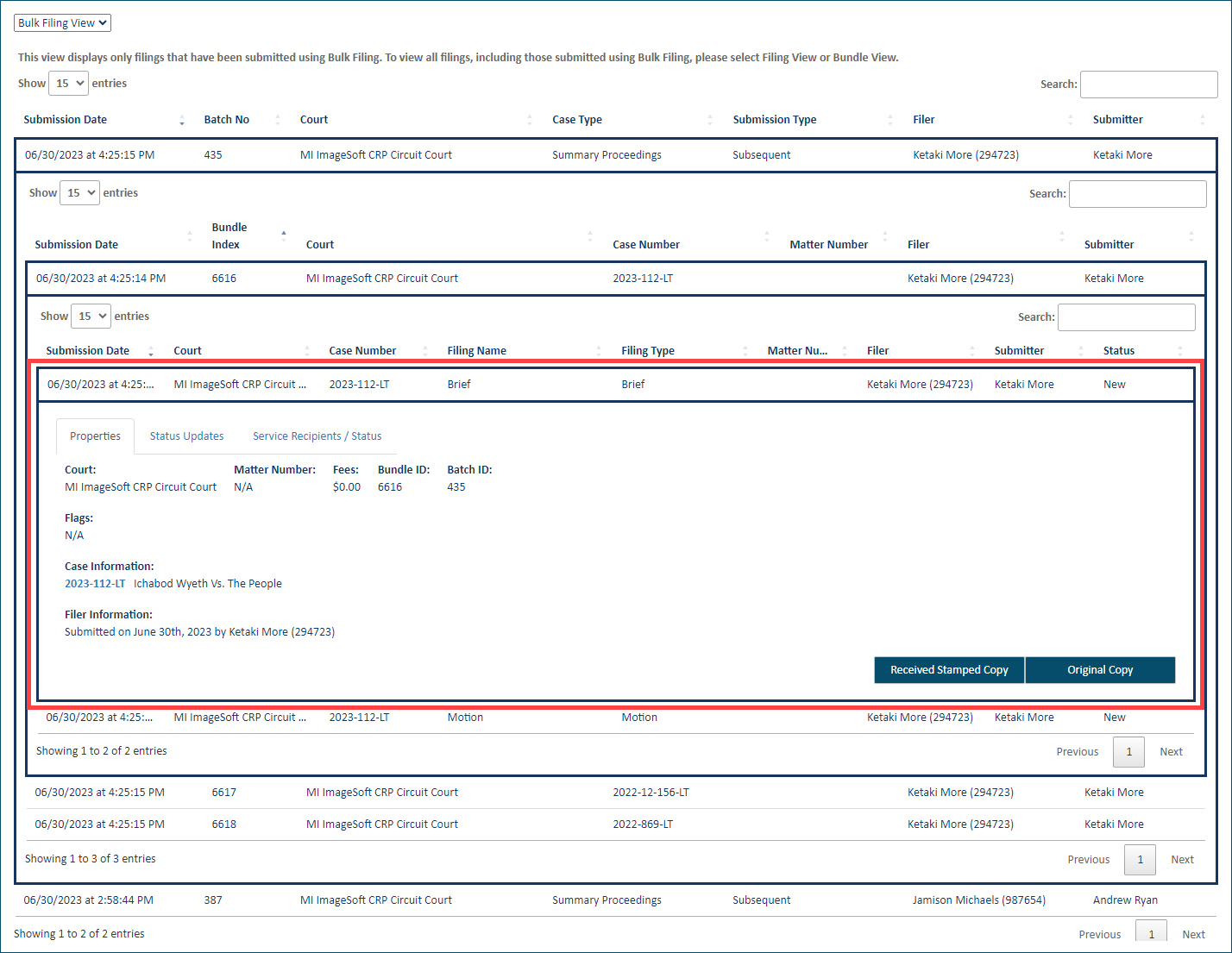 Click a filing to display its properties Bulk Filing View - filing expanded